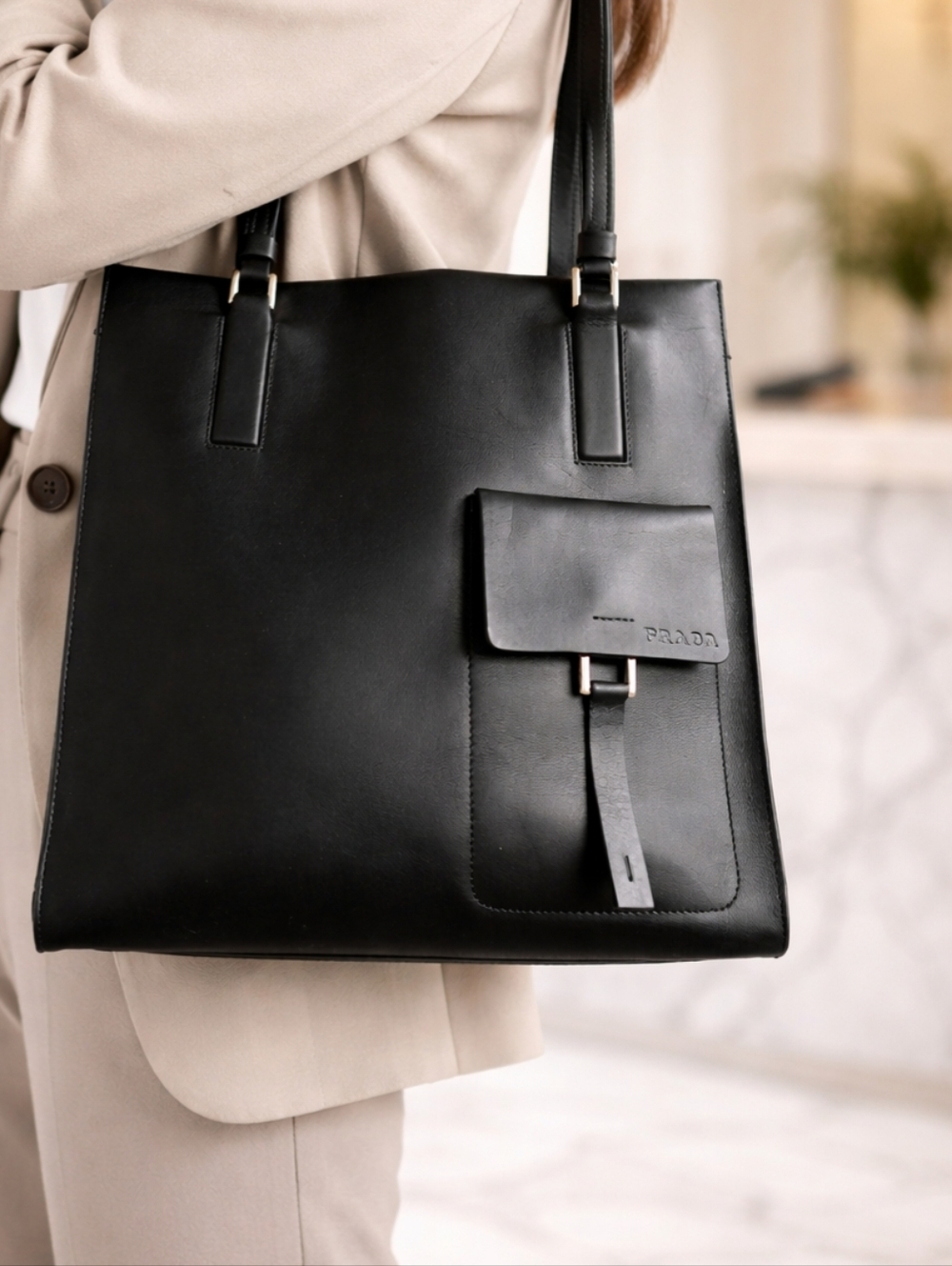 Prada Black Leather Tote Bag with Front Pocket - Picture 13 of 15